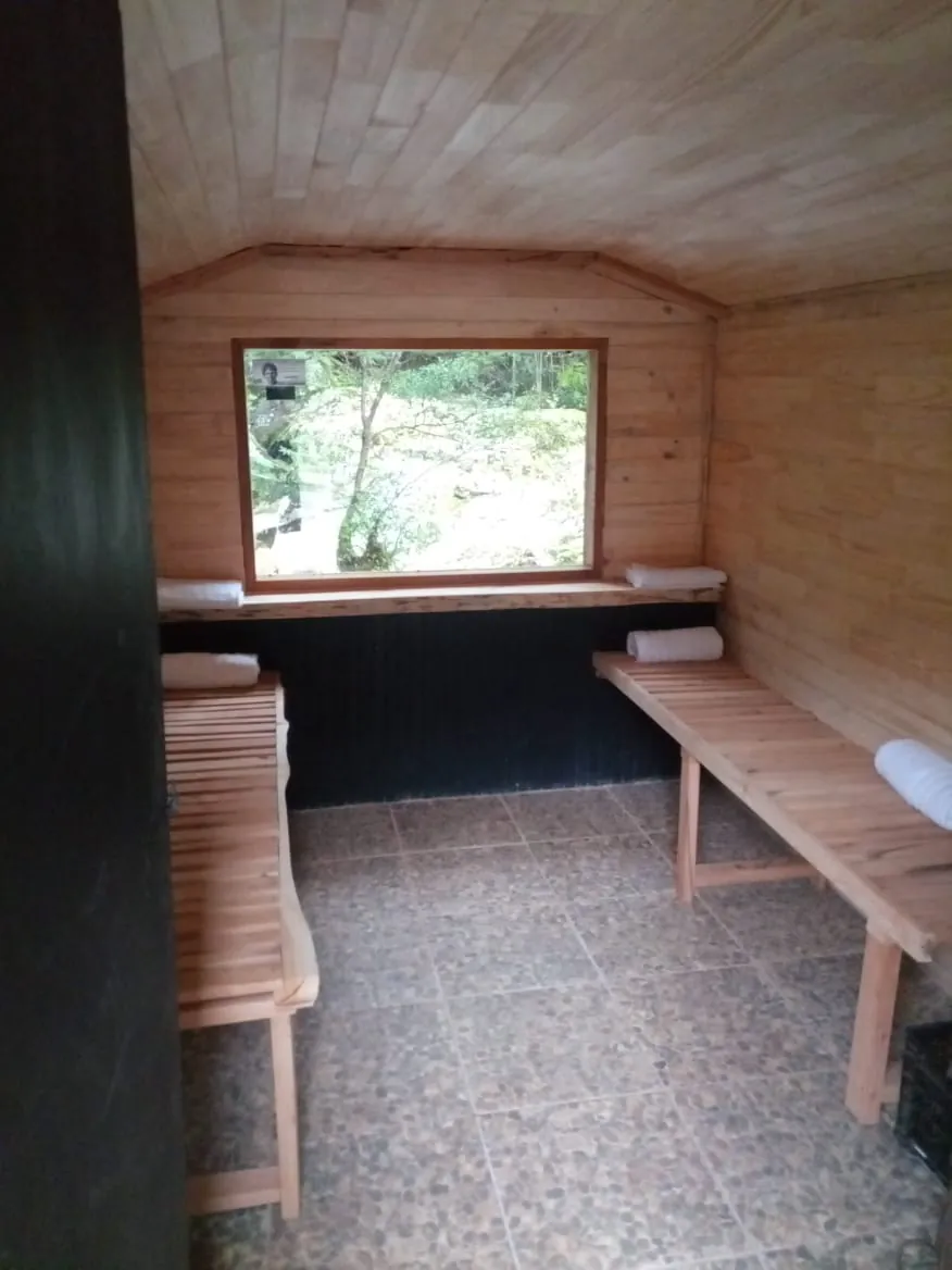 Sauna de madera con vista al bosque